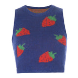 Strawberry Sweaters Pink Crop Top Sleeveless O Neck Cute Tank Top Preppy Style Retro Knitwear Jumper Autumn Winter