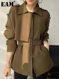 Women Brown Stitch Big Size Trench New Lapel Long Sleeve Loose Fit Windbreaker Fashion Tide Spring Autumn 2023