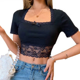 Short Sleeve Slash Neck Crop Tops Women Patchwork Hem Laceup Slim Elastic Sexy Summer Vacation Cropped Top Solid