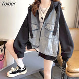 Street Hoodies Women Fashion Design Sense Denim Stitching Hooded Jacket Spring Autumn Trend Cardigan Coat Korean Loose