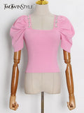 Patchwork Diamond Sweater For Female Square Collar Puff Short Sleeveless High Waist Slimming Women's Sweater