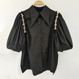 White Patchwork Diamonds Shirts For Women Lapel Puff Short Sleeve Straight Korean Blouses Female New Summer