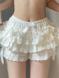 Women y2k Lace Patchwork Shorts Bodycon Ruffles Elastic Waist Shorts Bow Kawaii Harajuku Mini Short Pants Streetwear-Outfit