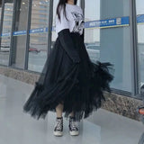 Casual Long Mesh Skirts Women Elastic High Waist Ruffled Tiered Tulle Pleated Maxi Skirts Faldas Mujer Moda Fairy