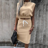 Skirts Suit Sleeveless Sweatshirt Solid Women Skirt Suits Slim Crop Tops+Split Drawstring Bottom Summer Fashion