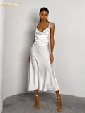 Women Sexy Strap Satin White Dress Summer Sleeveless Backless Feather Midi Dress Lady Elegant Slim Solid Party