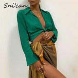 Solid Knots Satin Blouse Summer Long Sleeve Turn Down Collar Office Ladies Fashion Shirts Vintage Chic Tops Chandails