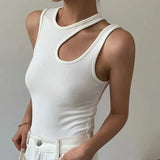 Casual White Cut Out Women's T Shirt Round Neck Sleeveless Korean Slim T Shirts Female Clothing 2022 Summer