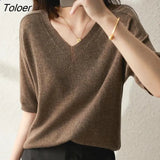 Solid Colour Knitted Women's Sweater Short-Sleeved Ladies V-Neck Cotton Pullover Korean Bottoming Shirt Sweater