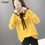 Women Winter Turn-down Collar Lace-up Lace-line Bows Pullover Womens Elegant Patchwork Loose Korean-style Simple