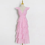 Casual Solid Dress For Women V Neck Sleeveless Patchwork Cascading Ruffle Midi Dresses Female 2022 Summer