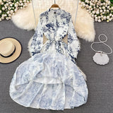 Casual Ink Painting Gathered Waist Cotton Dress Women Round Neck Long Sleeve Vintage Print High Waist Mid Calf