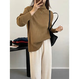 Women's High Neck Vertical Pit Stripe Elastic Sweater Long Sleeve Slim Pile Neck Jumper Roll Collar