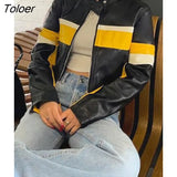 Korean Street Contrast Black White Print Leather Jackets Motorcycle O Neck PU Coats Zip Up Moto & Biker Women Tops
