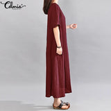 Sundress Women Vintage Linen Summer Dress 2022 Casual V Neck Short Sleeve Pockets Casual Loose Midi