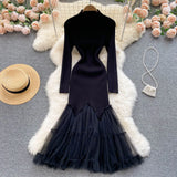Mesh Spliced Knitted Dress Women Long Sleeve Temperamant Midi Long Dress Winter Solid Party Fashtail Sweater