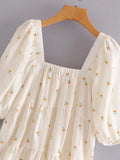 Women's New Square Collar Flower Print Short Sleeve Long Dress