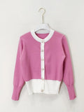 Women Autumn Pink/Black Colorblock O-Neck Single Pearl Breasted Knit Cardigan +Elastic Split Long Skirt Set Elegant 2 Piece