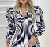 New Wish Women's Wear Striped Bubble Sleeves Slim Shirt Skirt From Stock-Outfit