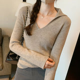 Lapel Folded Into Solid Color Long-Sleeved Knitted Sweater A New Style V-Collar Underwear In Autumn And Winter-Outfit