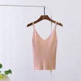 Sexy Knitted Crop Top Crop Sleeveless Cropped Vest Slim Sling Knitted Tank Top V-neck Plain Camisole High Elastic