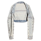 Patchwork Rivet Denim Jacket For Women Lapel Long Sleeve Blue Jackets Female Fashion Spring Clothing Style New