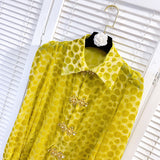 Vintage Yellow Polka Dot Velvet Women's Shirt Lapel Long Sleeve Patchwork Diamonds Fashion Woman Blouses 2022