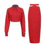 Slim Green Two Piece Set Women Lapel Long Sleeve Tops High Waist Midi Skirts Solid Sets Female Spring Clothing