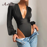Solid Shaped Waist Sexy Bodycon Bodysuits Women Autumn Deep V-Neck Lantern Sleeve Slim Active Streetwear