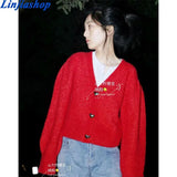 women red cardigan sweater casual knitted tops autumn front heart buttons loose pull femme v neck