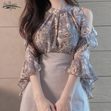 Summer New Off-Shoulder Pullover Floral Loose Blouse Women Short Sleeve OL Chiffon Shirt Women Blusas Mujer De Moda