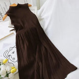 Vintage Half Turtleneck Sleeveless Women Dress Korean 2020 Spring New Arrival Solid Knitted Dresses High Waist