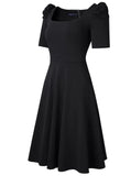 Vintage Square Collar Short Sleeves Solid A-line Midi