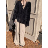 Winter V-Neck Elegant Sweater Women Casual Outwear Faux Fur Knitted Pullover Office Lady Y2k Clothing Korean Fashion