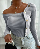 Stripe Women Sweater Sexy Slim Fit Stitching Button Long Sleeve Pullover Multicolor Crew Neck Knitwear Plus Size