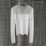 TWOTWINSTYLE Skinny T Shirt For Women V Neck Long Sleeve Patchwork Mesh Solid Slim T Shirts Female Clothes Spring New 2022
