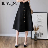 High Waist Elegant Swing A Line Skirt Women Solid Color Black Work Wear Office Ladies Skirts Single-breasted