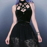Y2K Halter Bat Aesthetic Summer Women Tops Streetwear Fashion Black Sleeveless Camis Grunge Punk PU Set Tank Top-Outfit