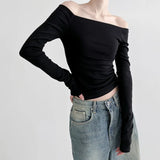 Style Basic Simple Solid Color T-Shirt With Bare Shoulder And Bottom 2023 New Temperament Age-Reducing Blouse-Outfit
