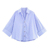 Spring And Summer New Women's Fashion Casual Collar Striped Wide-Sleeved