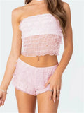 Women Layered Ruffles 2 Piece Summer Outfits Lace Mesh See Through Off Shoulder Tube Tops Shorts Club Streetwear 2024-Outfit