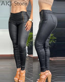 Women High Waist PU Leather Pants Zipper Pocket Design Skinny