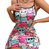 Bare-Back Ice Silk Halter Skirt Imitation Silk Nightskirt Summer Printed Pajamas Short Skirt Women's Household Clothes-Outfit