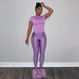 Women's Simple Solid Color Round Collar Short-Sleeved T-Shirt Tight Trousers Two