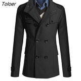 Men Long Sleeve Lapel Collar Double-breasted Pockets Woolen Slim Trench Coat collar coats Long cotton trench coat
