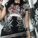 Summer Dark Style Retro Wing Printed Short-Sleeved T-Shirt Y2K Hot Girl Collar Short-Sized Top Girl