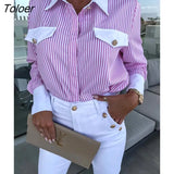 Office Lady Shirt Fashion Stripe Print Button Fake Pockets Blouses Women Elegant Tops 2023 Women's Clothing