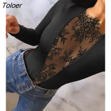 Bodysuits Contrast Lace Long Sleeve Bodysuit & 2023 Europe America Fashion Women's Clothing Skinny Daily Night Out