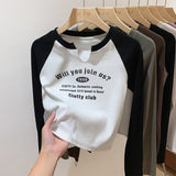 Shoulder V-Collar T-Shirt Women's Long-Sleeved Spring And Autumn Decoration With Threaded Bottomed Shirt And Short High-Waist Chic Blouse-Outfit
