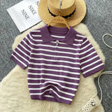 Knitted Women 2025 Summer South Korea Ins New Trendy Sleek Striped T-Shirt Women's